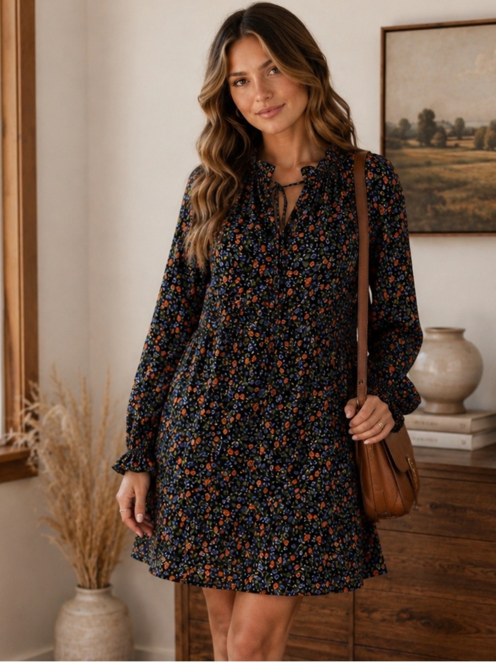 Kirundo Floral Long Sleeve Mini Dress, Cottagecore Prairie Boho